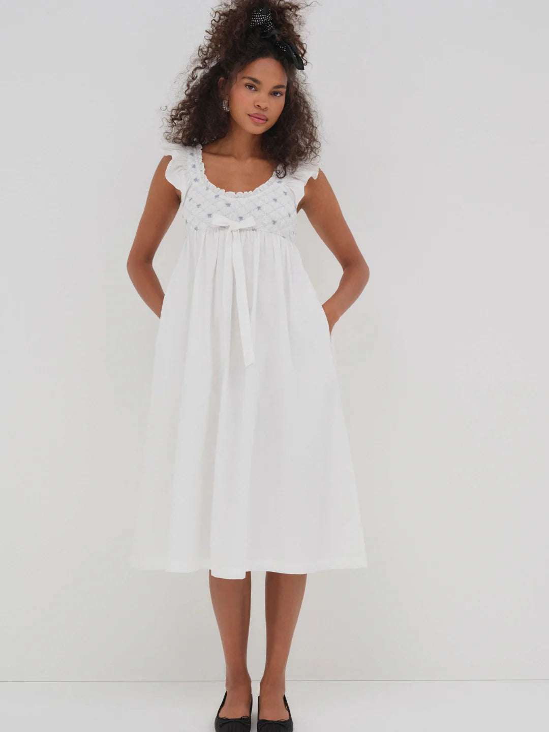 Birdie Bow Smocked Midi Slip Dress
