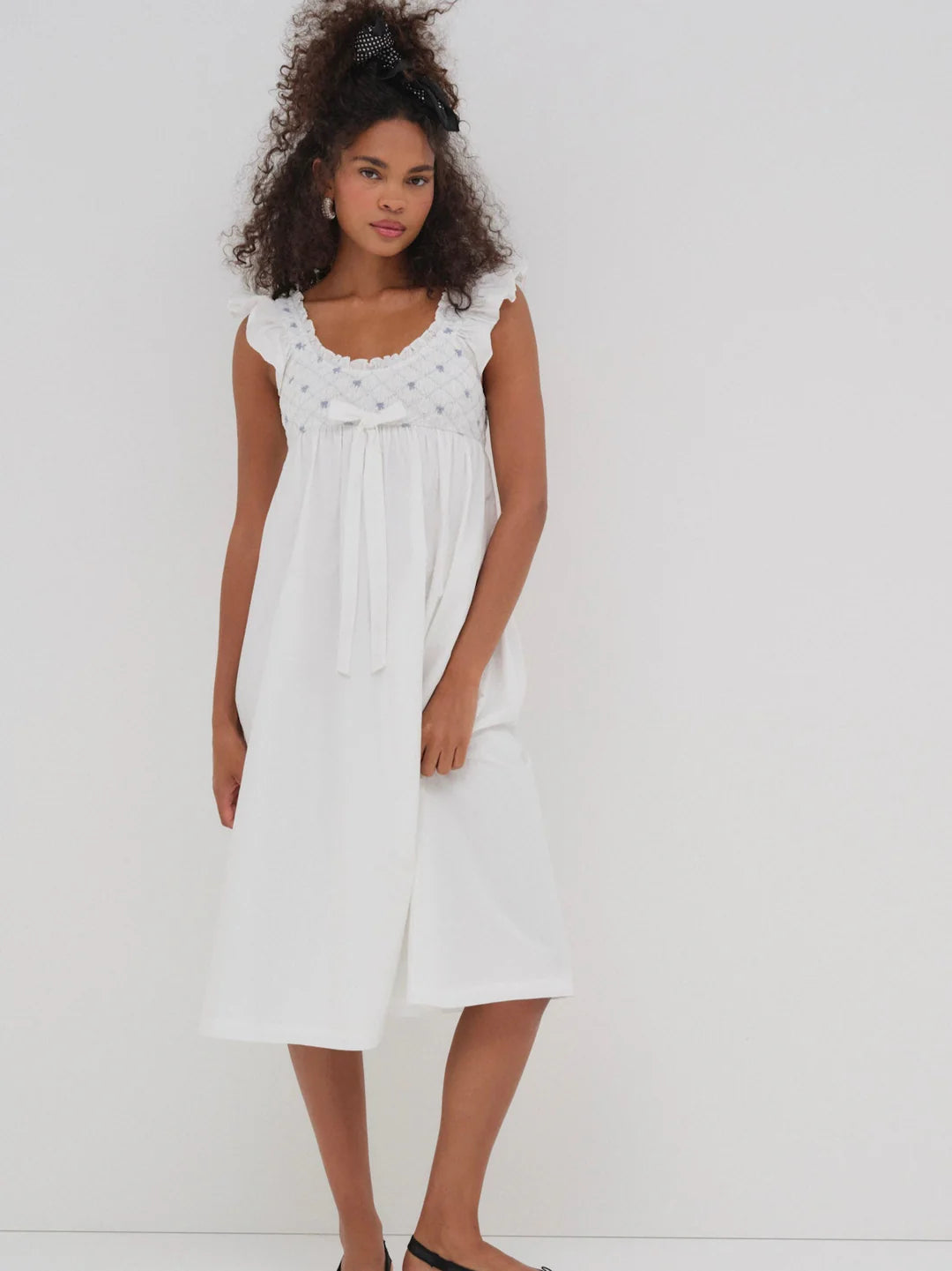 Birdie Bow Smocked Midi Slip Dress